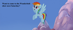 Size: 1920x804 | Tagged: safe, edit, edited screencap, imported from derpibooru, screencap, rainbow dash, my little pony: the movie, bronybait, cute, dashabetes, dialogue, implied wonderbolts, mountain, snow