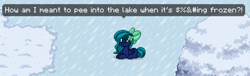 Size: 1995x606 | Tagged: safe, imported from derpibooru, oc, oc only, oc:midnight mist, pegasus, pony, pony town, censored vulgarity, confused, female, frustrated, funny, grawlixes, ice, joke, lying down, mare, screenshots, snow, solo, tree, winter