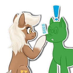 Size: 512x512 | Tagged: safe, artist:darnelg, edit, imported from derpibooru, anon pony, blaze (coat marking), boop, coat markings, crossover, duo, epona, exclamation point, facial markings, outline, sheikah, sheikah text, simple background, socks (coat marking), socks (coat markings), telegram sticker, the legend of zelda, transparent background