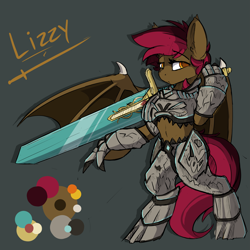 Size: 3001x3001 | Tagged: safe, artist:beardie, imported from derpibooru, oc, oc only, oc:lizzy, anthro, bat pony, semi-anthro, arm hooves, armor, bat pony oc, bipedal, giant sword, sword, weapon