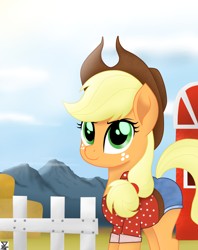 Size: 2300x2900 | Tagged: safe, artist:theretroart88, imported from derpibooru, applejack, earth pony, pony, equestria girls series, five to nine, applejack's hat, barn, clothes, cowboy hat, cute, equestria girls outfit, female, fence, freckles, hat, jackabetes, looking at you, mare, mountain, movie accurate, shirt, shorts, smiling, solo