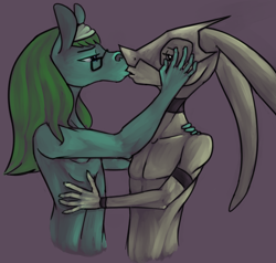 Size: 1162x1104 | Tagged: safe, artist:tempusfidgets, imported from derpibooru, oc, oc:laco, oc:tempus fidgets, anthro, dragon, earth pony, gay, hand on face, kissing, male, simple background