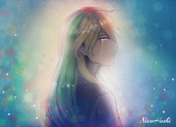 Size: 1080x782 | Tagged: safe, artist:nicohoshi, imported from derpibooru, rainbow dash, human, clothes, crying, female, humanized, sad, signature, solo