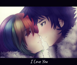 Size: 1888x1600 | Tagged: safe, artist:nicohoshi, imported from derpibooru, rainbow dash, soarin', human, anime, blushing, clothes, female, humanized, i love you, looking at each other, male, shipping, soarindash, straight