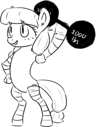 Size: 761x1002 | Tagged: safe, artist:tempusfidgets, imported from derpibooru, lily longsocks, earth pony, pony, barbell, clothes, female, filly, long socks, monochrome, simple background, socks, solo, stockings, striped socks, stronk, thigh highs