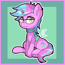 Size: 475x480 | Tagged: safe, artist:vintyri, derpibooru exclusive, imported from derpibooru, oc, oc only, oc:sour cherry, pony, unicorn, amber eyes, clothes, commission, cutie mark, ear fluff, frog (hoof), glasses, looking at you, male, multicolored hair, piercing, pink coat, scarf, simple background, sitting, solo, stallion, underhoof