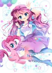 Size: 992x1403 | Tagged: safe, artist:スピカ, imported from derpibooru, pinkie pie, earth pony, human, pony, equestria girls, anime, balloon, boots, clothes, cute, diapinkes, female, human ponidox, humanized, looking at you, mare, moe, open mouth, pixiv, self ponidox, shirt, shoes, skirt, smiling, stars