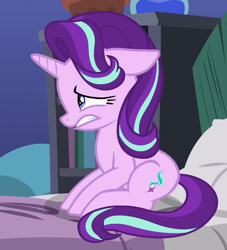 Size: 580x640 | Tagged: safe, imported from derpibooru, screencap, starlight glimmer, pony, unicorn, rock solid friendship, bed, bedroom, cropped, female, mare, sitting, solo, starlight's room