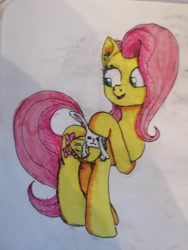 Size: 3840x5120 | Tagged: safe, anonymous artist, artist:nudzbirb, imported from derpibooru, angel bunny, fluttershy, pegasus, pony, angel, annoyed, female, looking back, mare, traditional art