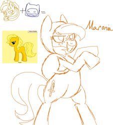 Size: 1738x1925 | Tagged: safe, anonymous artist, imported from derpibooru, applejack, oc, oc:maronia, human, pony, pony creator, adventure time, applejack is not amused, backpack, crack shipping, crossover ship offspring, finn the human, freckles, hat, interspecies offspring, monochrome, offspring, parent:applejack, parent:finn the human, shipping, unamused