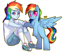 Size: 1280x1043 | Tagged: safe, artist:sl0ne, imported from derpibooru, rainbow dash, pegasus, pony, equestria girls, bipedal, duo, female, looking at you, mare, rearing, self ponidox, simple background, sitting, smiling, spread wings, transparent background, wings