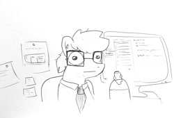 Size: 1679x1142 | Tagged: safe, artist:tjpones, imported from derpibooru, oc, oc only, oc:tjpones, earth pony, pony, :|, computer, desk portrait, ear fluff, glasses, grayscale, lineart, looking at you, male, monitor, monochrome, necktie, self portrait, simple background, solo, stallion, stubble, traditional art, white background, wide eyes