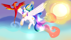 Size: 3000x1687 | Tagged: safe, artist:xxcutecookieswirlsxx, imported from derpibooru, philomena, princess celestia, phoenix, pony, female, flying, glowing horn, magic, mare, spread wings, sun, wings