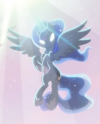 Size: 678x840 | Tagged: safe, artist:light262, imported from derpibooru, princess luna, alicorn, pony, comic:timey wimey, comic, constellation, cropped, ethereal mane, female, flying, glowing eyes, glowing horn, hoof shoes, jewelry, light, magic, mare, regalia, spread wings, starry mane, wings