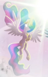 Size: 847x1368 | Tagged: safe, artist:light262, artist:lummh, imported from derpibooru, princess celestia, alicorn, pony, comic:timey wimey, comic, cropped, ethereal mane, female, glowing eyes, glowing horn, jewelry, lens flare, light, magic, mare, regalia, solo, spread wings, wings