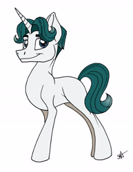 Size: 3528x4572 | Tagged: safe, artist:celestial-rainstorm, imported from derpibooru, oc, oc only, oc:tourmaline quartz, pony, unicorn, looking at you, male, offspring, parent:oc:harpsichord, parent:rarity, parents:canon x oc, simple background, solo, stallion, story included, white background