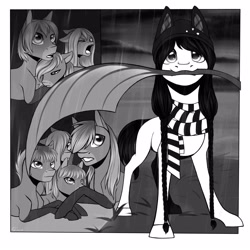 Size: 4000x4000 | Tagged: safe, artist:shkura2011, imported from derpibooru, oc, oc only, earth pony, pony, absurd resolution, braid, clothes, female, filly, leaf, monochrome, mouth hold, scarf