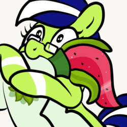 Size: 839x837 | Tagged: safe, artist:sjart117, derpibooru exclusive, imported from derpibooru, oc, oc only, oc:miles bright, oc:watermelana, pony, animated, biting, butt, butt bite, butt touch, chewing, duo, duo female, eating, eye shimmer, female, flank, gif, gift art, glasses, hoof on butt, mare, munching, nibbling, nom, plot, silly, simple background, white background, zoned out