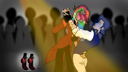 Size: 1280x720 | Tagged: safe, artist:soarindashbestship, imported from derpibooru, rainbow dash, soarin', human, clothes, dancing, female, fingerless gloves, gloves, goggles, humanized, male, shipping, soarindash, steampunk, straight, tiptoe, tumblr, vest