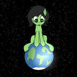 Size: 1000x1000 | Tagged: safe, artist:mercurial64, imported from derpibooru, oc, oc:filly anon, pony, :p, cute, female, filly, giant pony, macro, pony bigger than a planet, silly, sitting, space, stars, tongue out