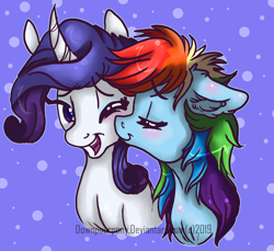 Size: 2548x2333 | Tagged: safe, artist:downpourpony, imported from derpibooru, rainbow dash, rarity, pony, unicorn, cheek kiss, duo, eyes closed, female, kissing, lesbian, mare, one eye closed, raridash, shipping, traditional art