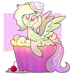 Size: 1177x1291 | Tagged: safe, artist:1racat, imported from derpibooru, oc, oc only, oc:river chime, pegasus, pony, bell, cherry, cupcake, female, food, frosting, mare, solo, wings