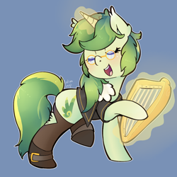 Size: 1500x1500 | Tagged: safe, artist:talimingi, imported from derpibooru, oc, oc only, oc:rhythm fruit, pony, unicorn, bard, boots, clothes, coat, cutie mark, fantasy class, female, leggings, lyre, magic, mare, musical instrument, shoes, simple background, singing, solo, spectacles