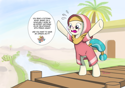 Size: 1032x728 | Tagged: safe, artist:tehwatever, imported from derpibooru, desert flower, somnambula, earth pony, pony, egyptian, egyptian pony, female, glasses, hijab, implied shipping, mare, robes, solo, somnambula resident, tail wrap