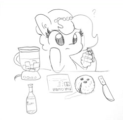 Size: 1264x1238 | Tagged: safe, artist:tjpones, imported from derpibooru, oc, oc only, oc:brownie bun, horse wife, black and white, blender (object), coconut, cooking, food, grayscale, grenade, hoof hold, knife, lineart, monochrome, piña colada (drink), question mark, rum, simple background, this will end in death, this will end in explosions, this will end in tears, this will end in tears and/or death, traditional art, white background