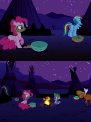 Size: 480x640 | Tagged: safe, imported from derpibooru, screencap, little strongheart, pinkie pie, rainbow dash, spike, buffalo, pony, over a barrel, animation error, bowl, campfire, tipi