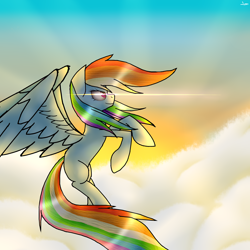 Size: 3000x3000 | Tagged: safe, artist:lilie-pucisse, imported from derpibooru, rainbow dash, pony, backlighting, cloud, female, flying, sky, smiling, solo, spread wings, sun, sunrise, wings