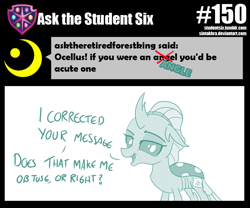 Size: 800x667 | Tagged: safe, artist:sintakhra, imported from derpibooru, ocellus, changedling, changeling, tumblr:studentsix, angle, ask, correction, dialogue, fake cutie mark, female, lidded eyes, looking at you, post-it, pun, simple background, smartass, smiling, smirk, smug, smug bug, solo, talking to viewer, text, tumblr, white background