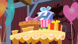 Size: 2560x1440 | Tagged: safe, imported from derpibooru, screencap, party of one, balloon, ei, hub logo, no pony, present, table