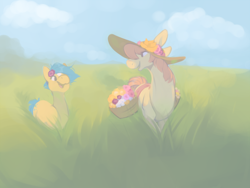 Size: 1040x780 | Tagged: safe, artist:bananasmores, imported from derpibooru, bubbles (g1), posey, basket, cottagecore, duo, flower, flower in hair, g1, hat, outdoors, saddle bag