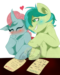 Size: 2190x2745 | Tagged: safe, artist:lemonkaiju, imported from derpibooru, ocellus, sandbar, changedling, changeling, earth pony, pony, blushing, cute, diaocelles, female, high res, interspecies, male, ocelbar, paper, sandabetes, shipping, smiling, straight