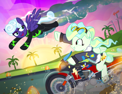 Size: 900x695 | Tagged: safe, artist:pixelkitties, imported from derpibooru, rolling thunder, vapor trail, pegasus, pony, bomber jacket, clothes, duo, female, flag, fleece jacket, goggles, jacket, mare, motorcycle, open mouth, pixelkitties' brilliant autograph media artwork, rhona rees, smiling, sun, top gun, tree, uniform, washouts uniform