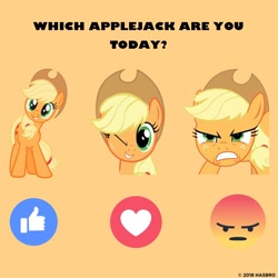 Size: 1080x1080 | Tagged: safe, imported from derpibooru, applejack, earth pony, pony, angry, applejack month, applejack's hat, cowboy hat, cute, emoji, facebook, female, g4, hat, jackabetes, mare, official, one eye closed, orange background, self ponidox, simple background, text, wink