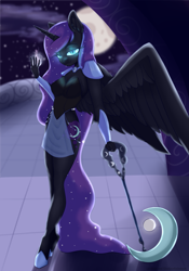Size: 3307x4724 | Tagged: safe, artist:labglab, artist:php97, imported from derpibooru, nightmare moon, alicorn, anthro, collaboration, cute, cutie mark, dark magic, evil, eye contact, female, glowing eyes, looking at each other, looking at you, magic, mare, moon, rcf community, solo, weapon, wings