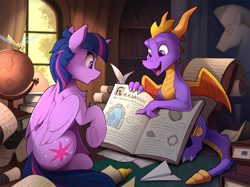 Size: 2100x1567 | Tagged: safe, artist:yakovlev-vad, imported from derpibooru, twilight sparkle, alicorn, dragon, dragonfly, pony, adventure, book, butt, crossover, female, globe, male, mare, open mouth, paper airplane, plot, scenery, scroll, sitting, slim, sparx, sparx the dragonfly, spyro the dragon, spyro the dragon (series), twilight sparkle (alicorn), underhoof, video game crossover