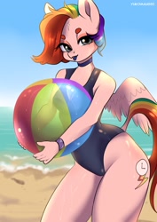 Size: 1527x2160 | Tagged: safe, artist:yukomaussi, imported from derpibooru, oc, oc only, oc:rainbow time, anthro, pegasus, anthro oc, beach, beach ball, clothes, female, makeup, solo, swimsuit