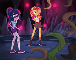 Size: 6052x4843 | Tagged: safe, artist:invisibleink, imported from derpibooru, sci-twi, sunset shimmer, twilight sparkle, equestria girls, legend of everfree, absurd resolution, belt, blushing, boots, camp everfree outfits, cave, clothes, commission, converse, cutie mark on clothes, duo, glasses, hair tie, i've seen enough hentai to know where this is going, kneesocks, long socks, open mouth, outdoors, ponytail, raised eyebrow, shirt, shoes, shorts, show accurate, sneakers, socks, standing, vine