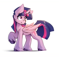 Size: 1463x1410 | Tagged: safe, artist:n_thing, imported from derpibooru, twilight sparkle, alicorn, pony, female, looking back, mare, raised hoof, simple background, smiling, solo, twilight sparkle (alicorn), unshorn fetlocks, white background