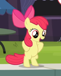 Size: 351x434 | Tagged: safe, imported from derpibooru, screencap, apple bloom, earth pony, pony, leap of faith, adorabloom, bipedal, cropped, cute, female, filly, foal, hooves on hips, human pose, open mouth, solo, squatting