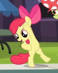 Size: 344x432 | Tagged: safe, imported from derpibooru, screencap, apple bloom, granny smith, earth pony, pony, leap of faith, adorabloom, bipedal, cropped, cute, female, filly, foal, hoof in air, hooves on hips, human pose, offscreen character, solo, solo focus, stretching