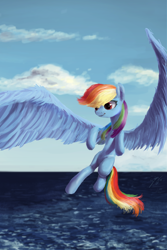 Size: 2000x3000 | Tagged: safe, artist:smg11-on-ddjrb, imported from derpibooru, rainbow dash, pegasus, pony, female, flying, ocean, solo, spread wings, wings