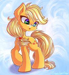 Size: 2748x2979 | Tagged: safe, artist:chaosangeldesu, imported from derpibooru, applejack, dragonfly, earth pony, pony, abstract background, cute, female, jackabetes, mare, open mouth, raised hoof, solo