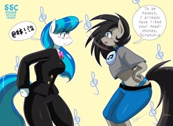 Size: 2040x1488 | Tagged: safe, artist:traupa, imported from derpibooru, dj pon-3, octavia melody, vinyl scratch, anthro, earth pony, unicorn, alternate hairstyle, blue underwear, clothes, clothes swap, dialogue, duo, female, headphones, looking at each other, mane swap, mare, midriff, panties, pants, rocktavia, short shirt, smiling, speech bubble, ssc, sudden style change, suit, thong, underwear, vinyl class, vulgar