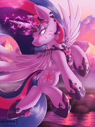 Size: 2250x3000 | Tagged: safe, artist:shad0w-galaxy, imported from derpibooru, twilight sparkle, alicorn, pony, armor, badass, cloud, ear fluff, epic, female, fight, flying, gem, lake, magic, mountain, patreon, solo, spread wings, sunset, twilight sparkle (alicorn), wings