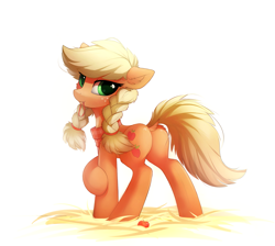 Size: 2139x1919 | Tagged: safe, artist:breakdream, imported from derpibooru, applejack, earth pony, pony, alternate hairstyle, applebutt, braid, butt, cute, dock, female, freckles, hatless, jackabetes, looking back, mare, missing accessory, mouth hold, plot, simple background, solo, twin braids