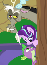 Size: 520x720 | Tagged: safe, imported from derpibooru, screencap, discord, spike, starlight glimmer, draconequus, dragon, pony, unicorn, a matter of principals, cropped, female, looking at each other, male, worried